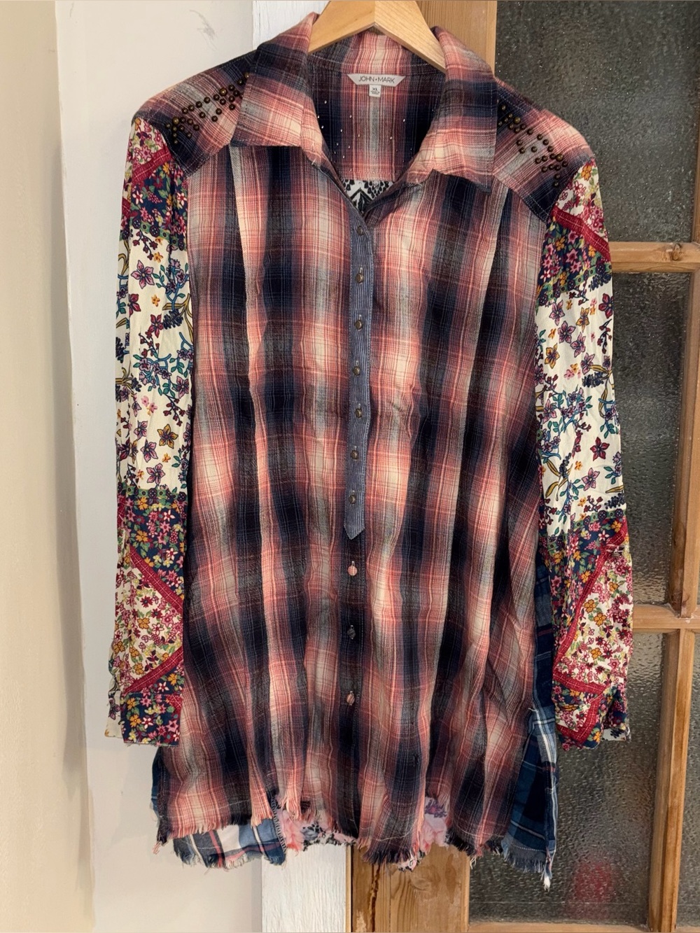 John Mark Patchwork Floral Plaid STUDDED Shirt XL 100% Cotton